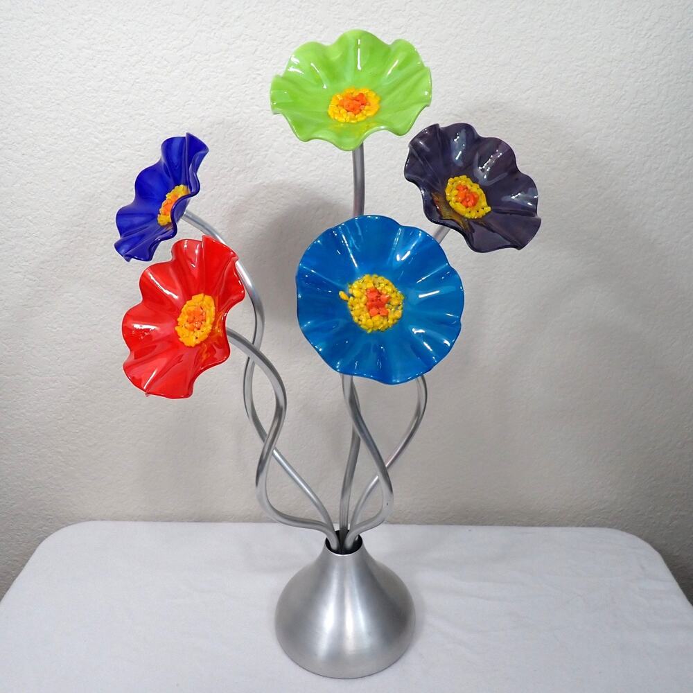 Hand Blown Studio Glass Flower Sculpture 5 Bloom 23" Modern Art Metal Base